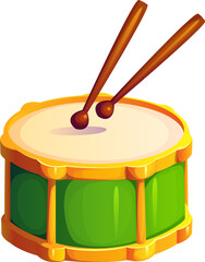 St Patrick day and Irish holiday green drum with drumsticks, cartoon vector. Saint Patrick day festival and Irish national holiday symbol of Ireland traditional musical instrument green drum