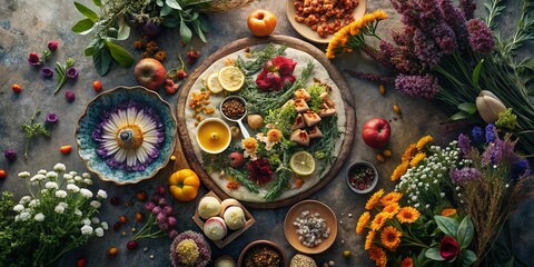 Naklejka premium Boho Chic Flower Garden Texture: Vibrant Floral Background for Food Photography
