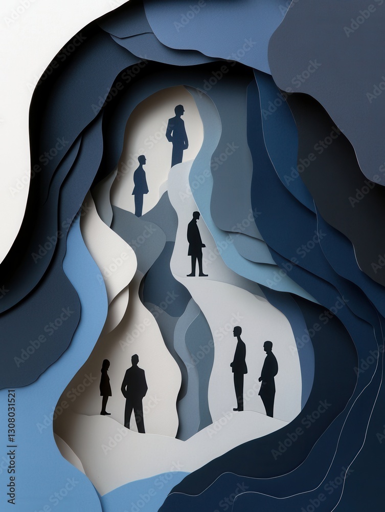 Poster sophisticated paper art background depicting political analysis through layered cut out charts and s