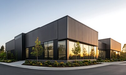 Low-rise commercial building featuring metal panels in a modern design.