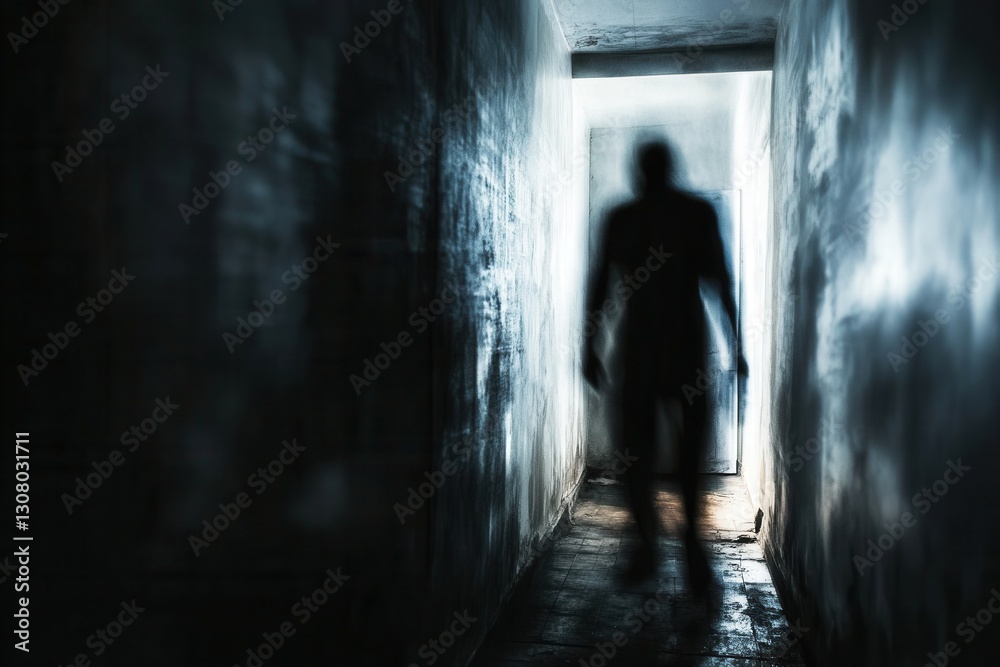 Poster Shadows blend into darkness as figures loom in a haunting corridor radiating fear and uncertainty Generative AI