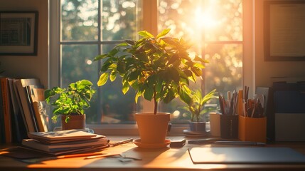 Fototapeta premium A sunlit desk with potted plants, books, and office supplies. A peaceful and serene workspace bathed in the golden hour's warm light. Money concept theme background. Golden Hour Desk Plants