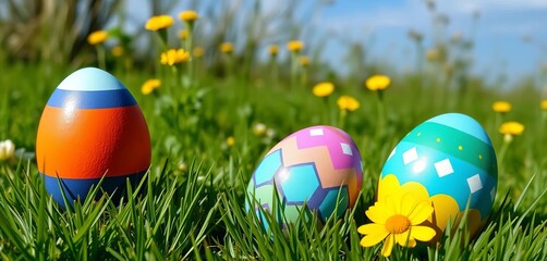 Fototapeta premium Three vibrant Easter eggs on a sunny green meadow, rustic bench, copy space, Easter eggs, wooden bench