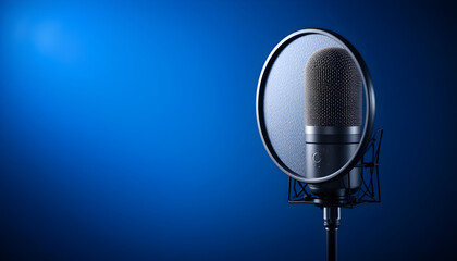 A professional studio microphone against a vibrant blue background, ideal for recording podcasts, music, and voiceovers in a high-quality setup.