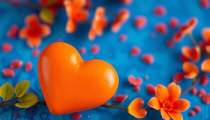 Obraz premium Two close orange hearts on vibrant blue background, valentines, friendship