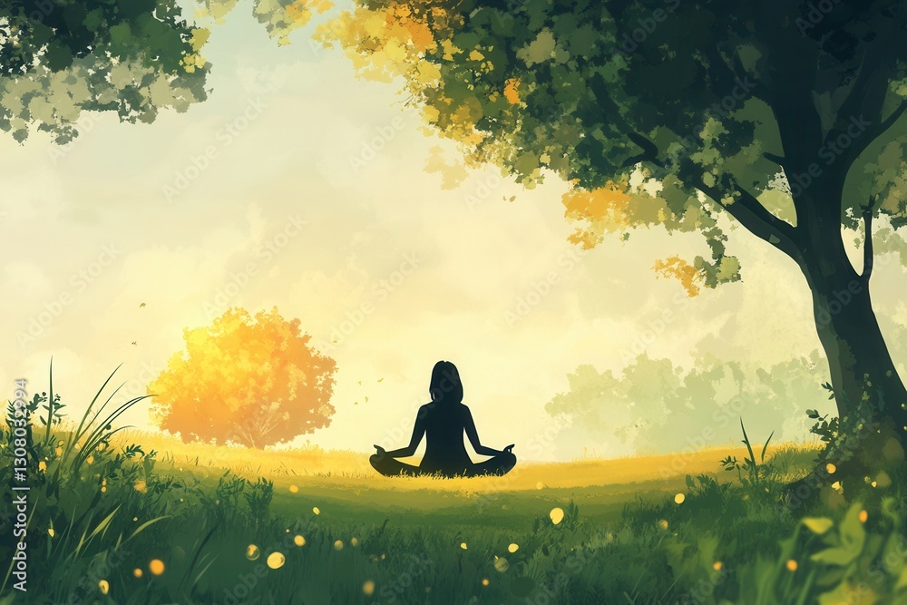 Poster meditating person in serene natural setting with soft light during early morning hours