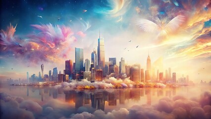 Fototapeta premium Boho Skyline Architecture: Abstract Feathered Design, Cityscape Background