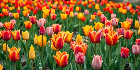 Vibrant tulips in full bloom, showcasing a colorful spring landscape within a tranquil botanical garden, blooming, flora