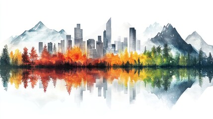 Fototapeta premium serene urban vista cityscape embraced by nature mountains reflection in tranquil waters artistic rendering
