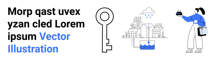 Fototapeta premium Large key symbol, rainwater harvesting system with houses, and a person holding a plant pot. Ideal for sustainability, eco-living, real estate, conservation, water management, housing flat landing