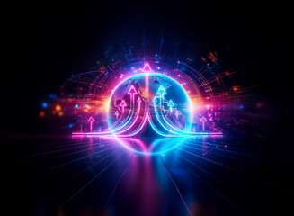 Obraz premium Abstract double exposure art with a vibrant neon orb emitting glowing arrows upward against a dark backdrop. Futuristic and dynamic design.
