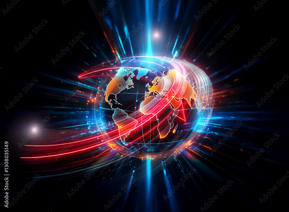 Wall mural double exposure art showcases a vibrant globe encircled by dynamic streaks of light on a dark backgr