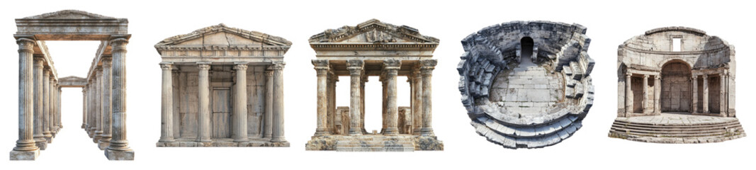 Fototapeta premium Historic Ancient Temple Structures in Various Architectural Styles, isolated on transparent background