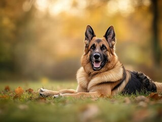 Relaxed dog lying comfortably in lush green grass under the warm sunlight on a beautiful day