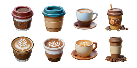 Assorted Coffee Cups and Designs for Minimalist Style, PNG collection, set bundle, isolate on transparent or white background