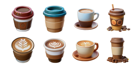 Assorted Coffee Cups and Designs for Minimalist Style, PNG collection, set bundle, isolate on transparent or white background