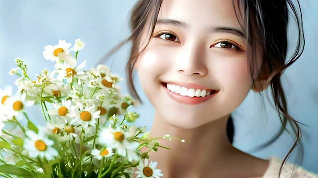 美しい花束を持った若いアジア人女性の笑顔のクローズアップ