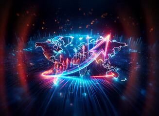 Obraz premium Neon double exposure world map with a vibrant upward arrow, showcasing global connectivity and growth in a digital, futuristic style. Red and blue light effects.