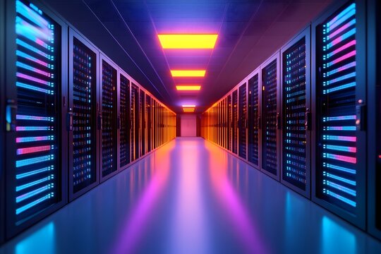 Futuristic Neon Lit Data Processing Hub with Sleek Server Towers and Hardware Arrays - Powered by Adobe