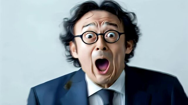 口を開けて驚愕の表情をするスーツ姿の中年のアジア人男性