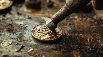 A craftsman working to create detail on a metal coin