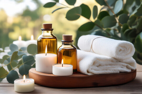 Kit de spa con velas, aceites esenciales y toallas blancas, sobre fondo de madera clara