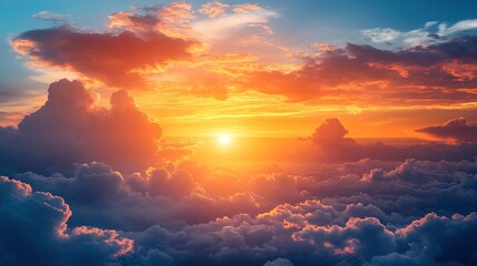 Aerial sunset above cloudscape; vibrant colors, peaceful scene, travel background