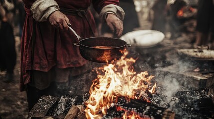 Person cooking something in a pan over an open fire