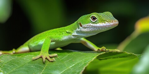 Fototapeta premium A beautiful lizard resting on a leaf surrounded by lush greenery in its natural environment
