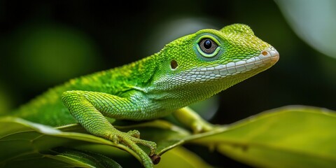 Fototapeta premium Lizard camouflaged on a leaf surrounded by vibrant green foliage in its natural habitat environment
