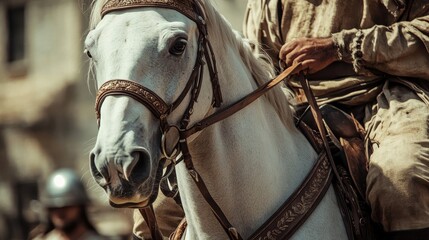 A close up view of a white horse and rider