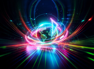 Obraz premium A double exposure image of a globe surrounded by vibrant, circular light trails creating motion. Futuristic and abstract scene with a dark background.