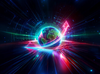 Obraz premium Vibrant double exposure art showcases a glowing globe with an upward arrow, surrounded by neon lights and abstract digital streams, representing progress and global connectivity.