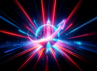 Obraz premium Abstract double exposure image of a glowing sphere with an arrow circling upwards, surrounded by vibrant red and blue radiating light streaks on a dark backdrop.
