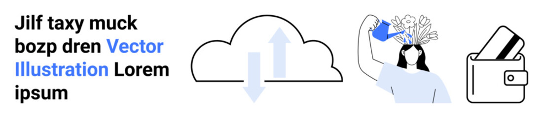 Cloud with data arrows, woman watering flower brain, and digital wallet icons. Ideal for technology, cloud storage, creative thinking, finance, digital transformation innovation business. Landing