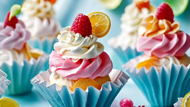 Colorful cupcakes with whipped cream and fruit toppings arranged on a bright blue table