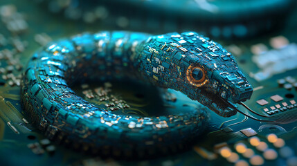 Fototapeta premium Ouroboros Circuit: AI-Driven Loop of Technology Devouring Itself in a Futuristic Digital Landscape