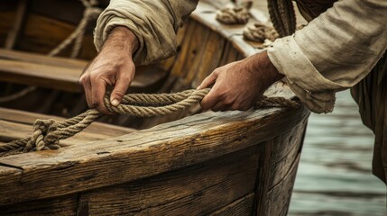 Hands of a person holding and securing the thick rope
