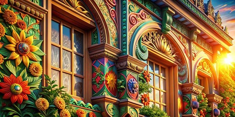 Obraz premium Botanical Illustration Architecture: Intricate Floral Detail on Building Facade