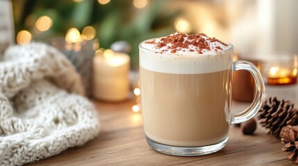 Cozy winter scene with a warm latte topped with cocoa powder, surrounded by candles, a knitted sweater, and pine cones on a wooden table.