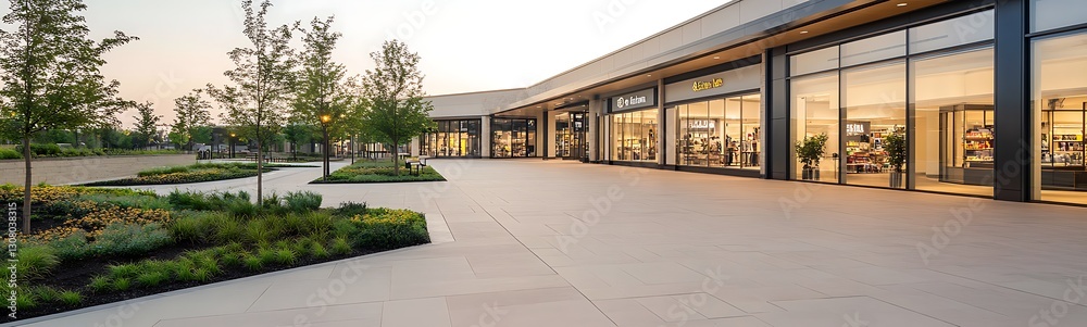 Poster modern commercial building with large windows, landscaped areas, and a clean paved path in the foreg