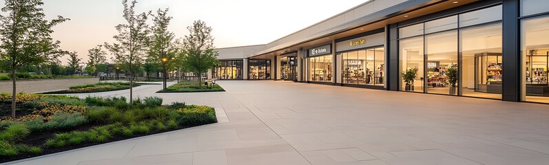 Modern commercial building with large windows, landscaped areas, and a clean paved path in the foreground.