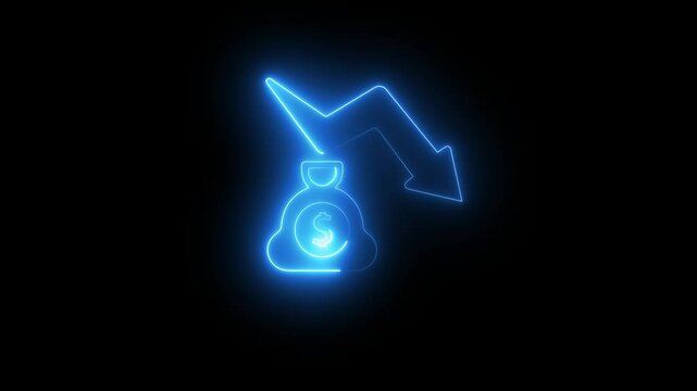 Money loss. Cash with down arrow stocks graph, concept of financial crisis, market fall. Money reduction icon. Glowing neon line Dollar rate decrease icon isolated on black background. 