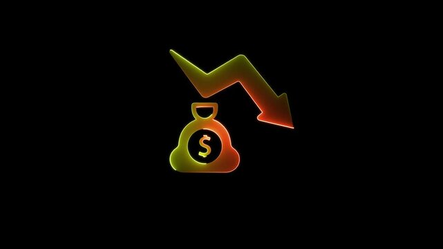 Money loss. Cash with down arrow stocks graph, concept of financial crisis, market fall. Money reduction icon. Glowing neon line Dollar rate decrease icon isolated on black background. 
