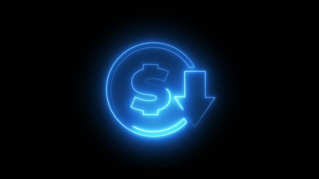 Money loss. Cash with down arrow stocks graph, concept of financial crisis, market fall. Money reduction icon. Glowing neon line Dollar rate decrease icon isolated on black background. 