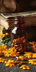 Bottle of pills surrounded by delicate flowers on a soft background creating a health aesthetic