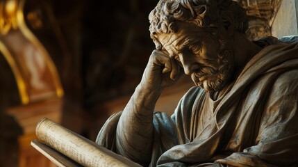A detailed marble statue of a pensive man reading a scroll