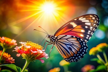 Obraz premium Bright Sunlight Butterfly Closeup on Flower - Overexposed Documentary Style