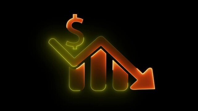 Money loss. Cash with down arrow stocks graph, concept of financial crisis, market fall. Money reduction icon. Glowing neon line Dollar rate decrease icon isolated on black background. 