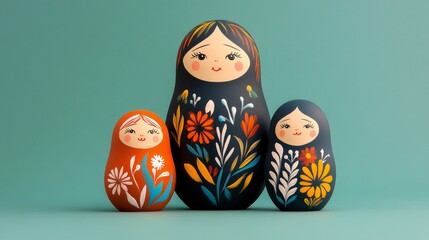 Three nesting dolls, vibrant colors, floral patterns, teal background.